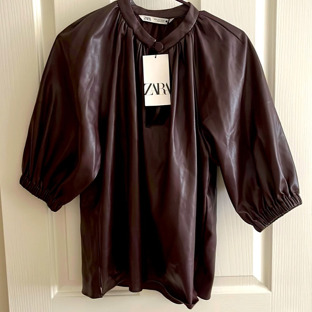Nwt zara faux leather bell-sleeves blouse in rich dark chocolate size small